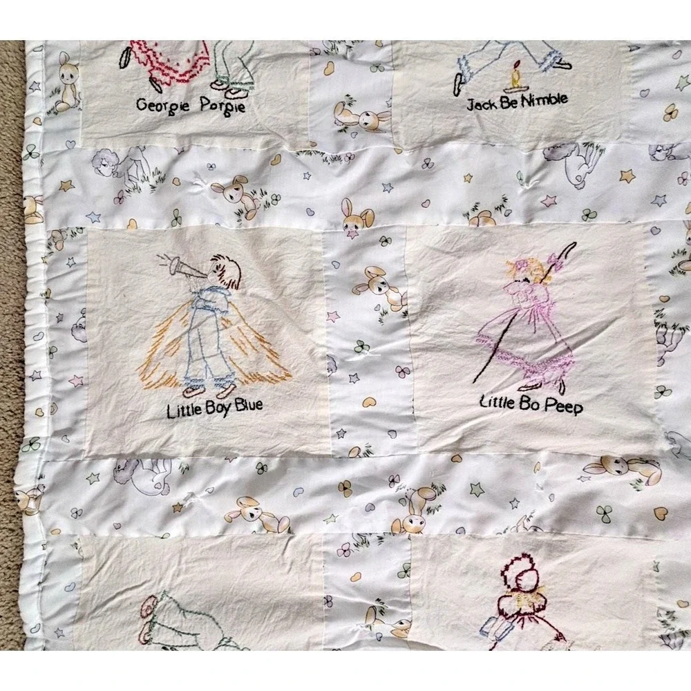 Adorable Vintage Crib Child Quilt NURSERY RHYMES 12 Hand Embroidered Squares